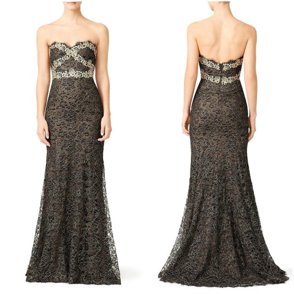 Marchesa Black Lace Strapless Gown with Gold Floral Accents